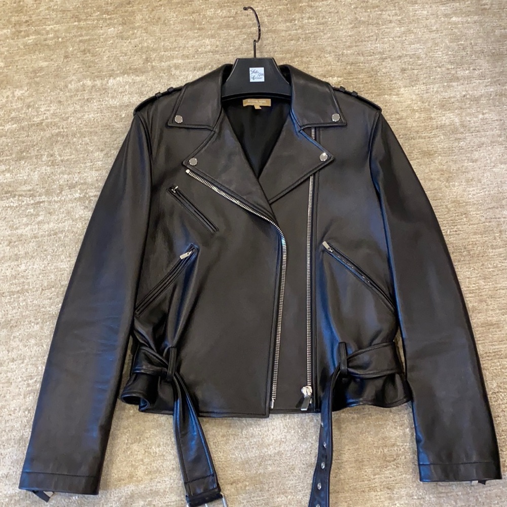 Michael Kors leather ruffle sleeve moto jacket